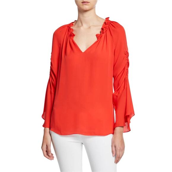 Kobi Halperin Tops - KOBI HALPERIN Carolina V-Neck Shirred Sleeve Silk Blouse Size M Red Ruffle Neck